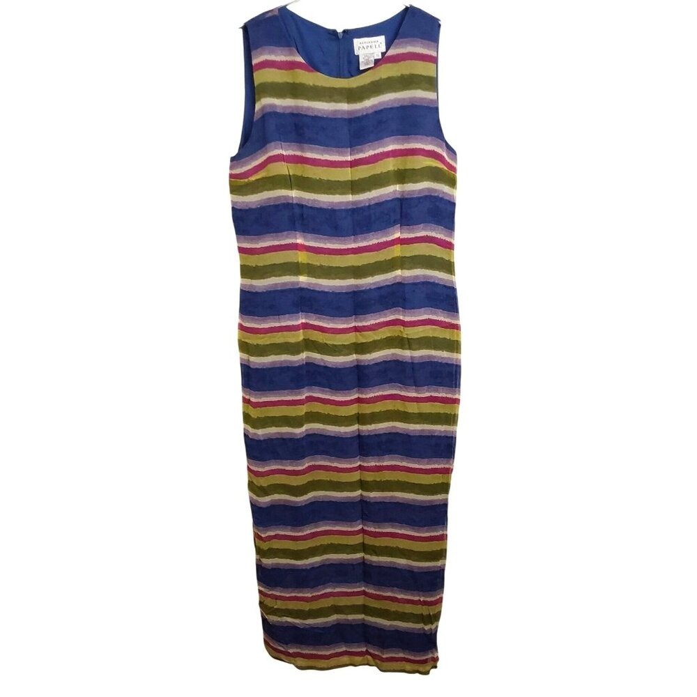 Adrianna Papell Silk Sheath Dress 10 Watercolor Stripe Sleeveless Midi Blue